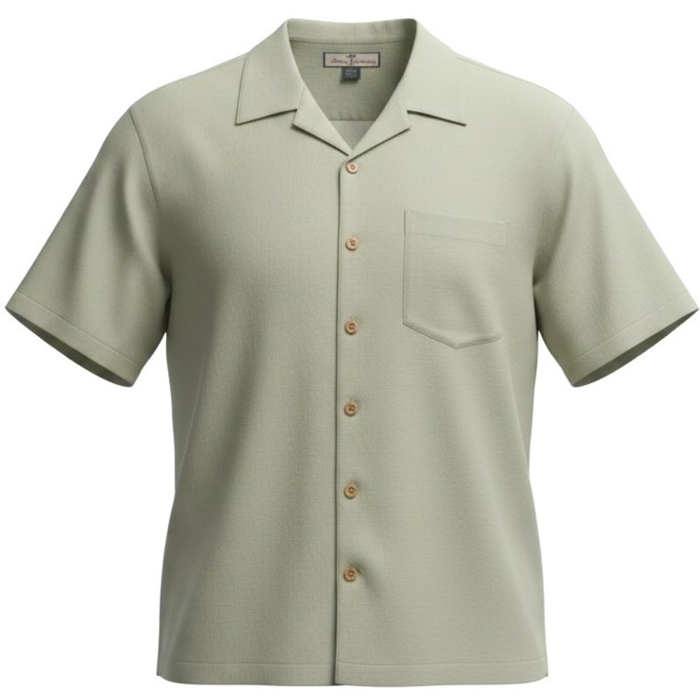 Tommy Bahama Shirt M 100%Silk Herringbone Green Camp Button Up Short Sleeve VTG